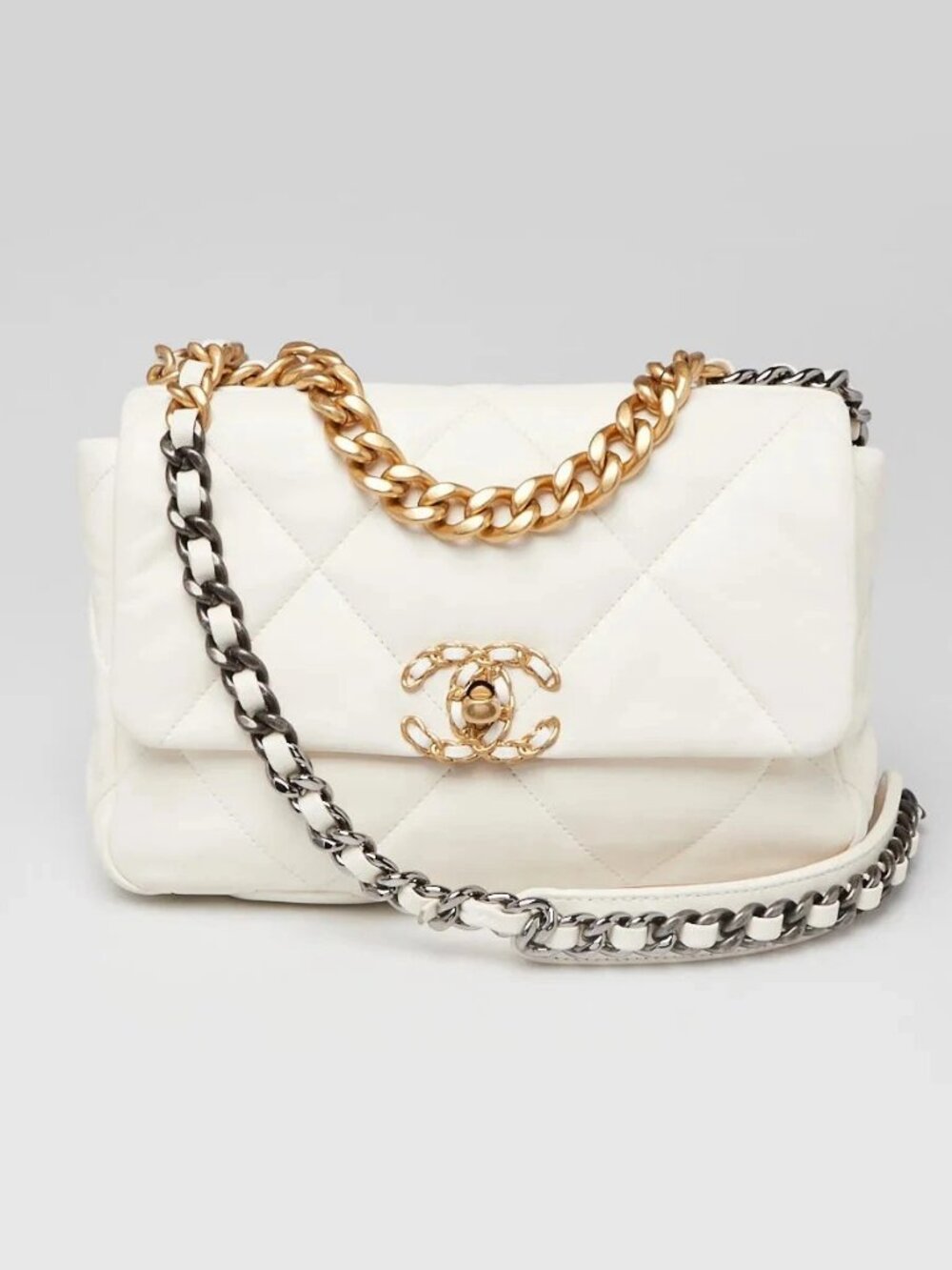 Chanel White Quilted Lambskin Leather Chanel 19 Small Flap Bag